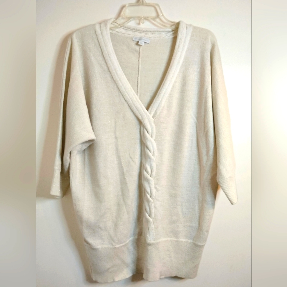 New York & Company (Size M) Ivory Cream & Gold Metallic Vintage Cable Sweater